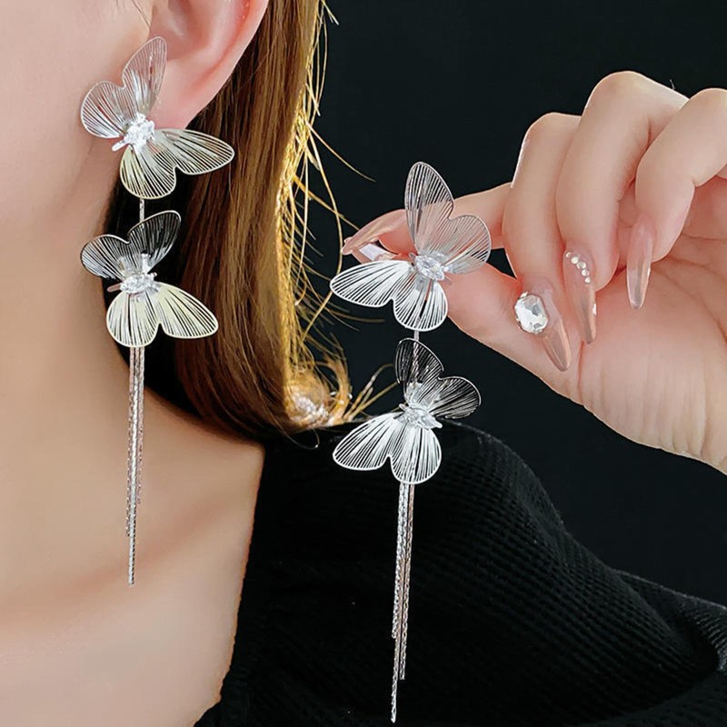 Silver Butterfly Earrings Metal Large Long Butterfly Tassel Earrings Butterfly
