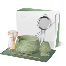 ZENS 6Pcs Japanese Matcha Set, Matcha Tea Ceremony Kit Includes Bamboo Whisk and Ceramic Bowl & (Chasen Holder) Scoop, Sifter and Towel for Matcha Lovers Gift, Making Latte, Emerald Green