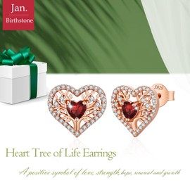 LAVUMO Earrings 925 Silver, Hypoallergenic Tree of Life Heart Earrings Women, 5A Zircon Birthstone Jewellery, Ideal Birthday Gift for Women, Girlfriend, Mum, Valentine's Day, Mother's Day, Christmas,