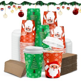 Charmount 100 PC 12 Oz Christmas Disposable Coffee Cups with Lids & Sleeves,To Go Coffee Cups for Hot Chocolate,Drinks and Christmas Party Decoration Supplies