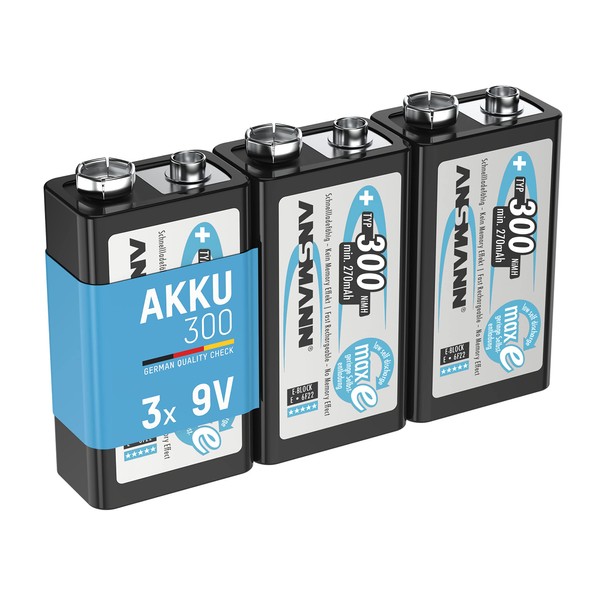 ANSMANN 9V Rechargeable Batteries 300mAh pre-Charged Low Self-Discharge NiMH 9 Volt Battery 9V Battery (3-Pack)