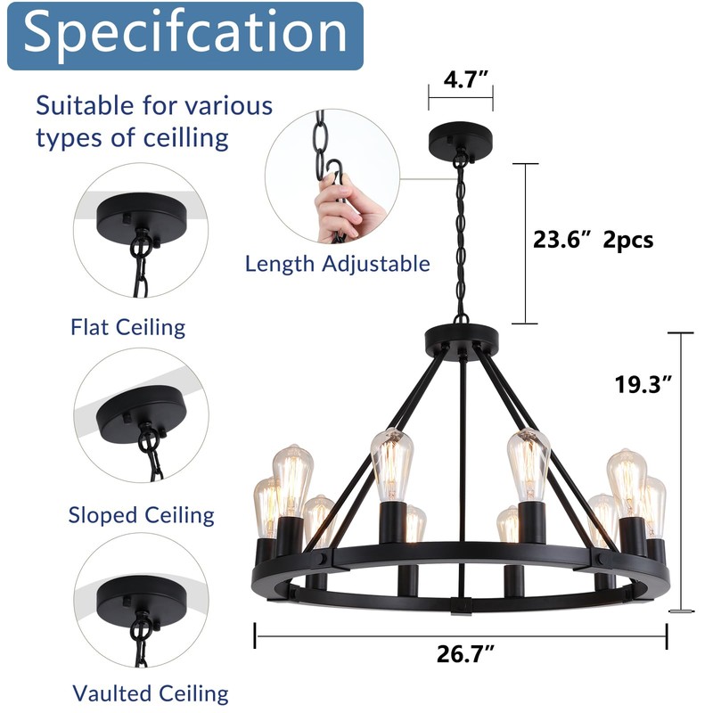 9MMML 10 Lights Wagon Wheel Chandelier, Black Round Globe Wrought