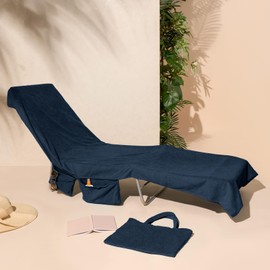 Brentfords Beach Towel with Pockets, Microfiber Beach Towel in One Bag for Sun Lounger Accessories Swimming Pool Quick Dry Travel Towel Summer Holiday Essentials 215x75cm Navy Blue