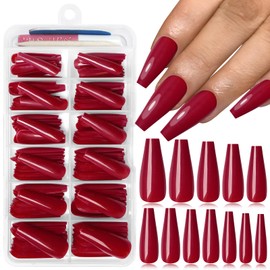 Lifextol 120PC Wine Red Coffin Press on Nails Long Fake Nails Press ons with Glue Nail Adhesive Tabs, 12 Sizes Long Acrylic Nails Press on Nails Coffin Red Stick Nails Tips Artificial Fingernails