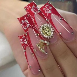 MISUD Press on Nails Extra Long Square Fake Nails Glossy Glue on Nails Red French Tip Acrylic Nails Squoval Artificial Nails Rhinestone Stick on False Nails with Design 24 pcs