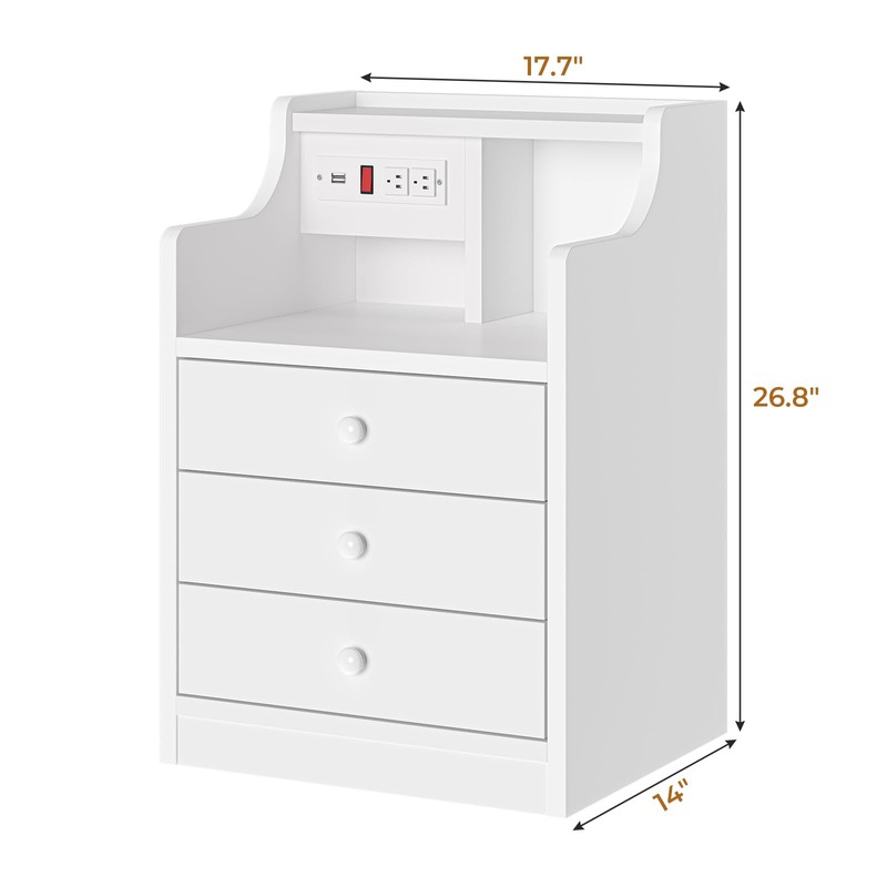 ADORNEVE Nightstand with Charging Station,White Night Stand with Hutch,Bedside Table