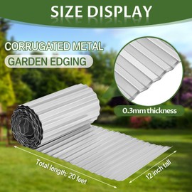 Tandefio Corrugated Metal Garden Edging 12 in x 20 ft Landscape Galvanized Sturdy Edging Border for DIY Flower Bed Lawn Landscaping (Silver)