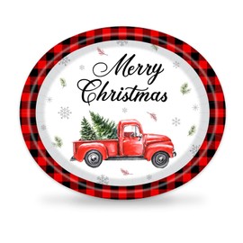 Aysimple 50 Pcs Christmas Oval Plates 10" x 12" Large Disposable 400 GSM Red Truck Trees Xmas Paper Plates for Winter Holiday Party Dinnerware Supplies Kitchen Table Decor