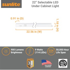 Sunlite LED Under Cabinet Lighting Plug in 22 Inch Linkable Under Counter Lights for Kitchen 16 Watts, 120 Volts, 1600 Lumens, Adjustable 3 CCT 3000K-5000K, 50,000 Hour Lifespan, ETL Listed LED Light