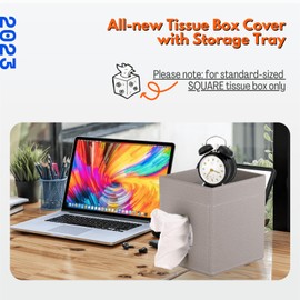 LAMOTI Leather Tissue Box Cover with Storage Tray, Square Facial Tissue Box Holder for Bathroom, Office Table, Countertop, Night Stand & More (Grey)