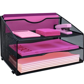 ideallife Desk File Organizer, Mesh Letter File Folder Holder with 3 Paper Trays and 2 Vertical Upright Section for Office Supplies, Workspace - Black