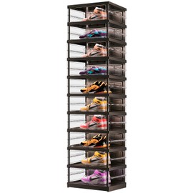 EHAMILY 10 Tiers 10-20 Pairs Foldable Shoe Boxes Large Plastic Shoe Storage Rack Collapsible Shoe Organizer for Closet Clear Stackable Shoes Shelf Storage Cabinet with Doors Quick Assembly Black