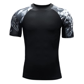 HUGE SPORTS Men's Short-Sleeved Splice Skins Rash Guard Shirt Swimming Shirt Rash Vest for Swimming Surfing, Lion