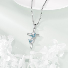 ONEFINITY Butterfly Necklace 925 Sterling Silver Butterfly Cross Pendant Necklace Turquoise Animal jewellery Gifts for Women Mother
