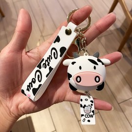 SHANGPIN Cow Keychain,Farm Gift,Car Accessories,Cute Print Decor for Women Car Keys, White, 9 * 5