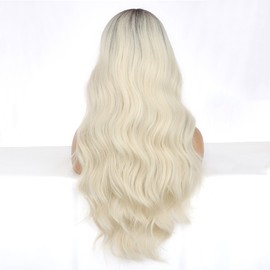 PORSMEER Women's Light Blonde Wig with Dark Brown Roots Synthetic Hair Natural Wig Long without Fringe Wavy Curly Blonde Wig for Women 26 Inches, Party or Daily