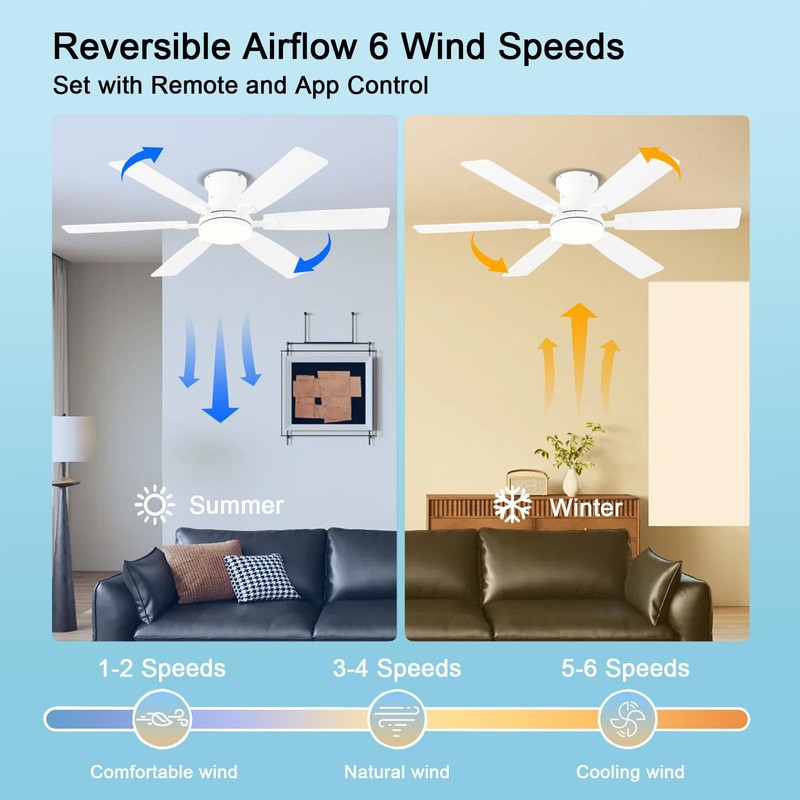 iacaf 52inch Low Profile Ceiling Fan with Light and Remote/APP