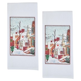 Park Designs Village Shoppes Patch Dishtowel Set of 2, Red Machine Washable Printed Kitchen Towel for Christmas & Winter Decor, Super Absorbent 100% Cotton Hand Towel, Festive White Holiday Dishcloth