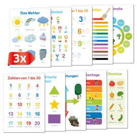 Primus Print - Learning Posters Nursery Preschool Set of 10 A4 - Educational Learning Material - Posters for Children - Colours, Numbers, Alphabet, Shapes & More - Learning Aid for the Children's Room