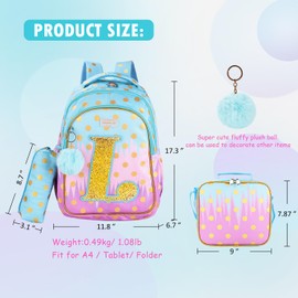 SARHLIO Girls Backpack with Lunch Box for Elementary School, 16 Inch School Backpack for Girls with Letter L Sparkling Sequin