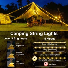 Bzavor 10 m Camping Fairy Lights, Rollable, IP65 Waterproof, Rollable Camping Lamp with 8 Modes, Portable Roll-Up Fairy Lights, USB, Outdoor Fairy Lights for Camping, Light, Dimmable, Hiking and Yard