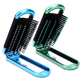 Mini Folding Compact Hair Brush with Mirror for Women and Girls, Massage and Pocket Comb for Travel, Gym, Purse, Swimming (Blue & Green)