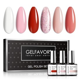 GELFAVOR Semi-Permanent Nail Polish, UV Gel Nail Polish Set Nail Polish Red Pink Glitter Nail Polish Kit in Healthy Long Lasting 6 Colors 10ml