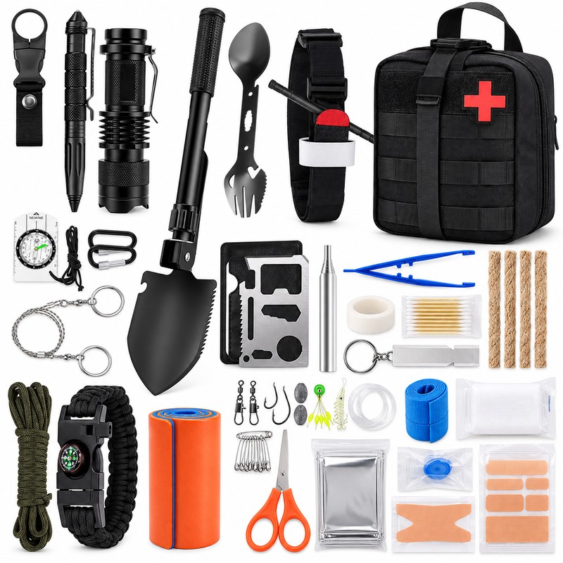 MOLLE Tactical First Aid & Survival Kit with Folding Shovel,