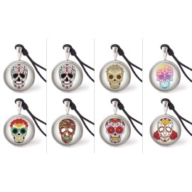 Vietguild Set of Sugar Skull Necklace Pendants Pewter Silver Jewelry JNP - Vintage Ornate Sugar Skull. Catrina