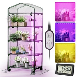 Indoor Greenhouse with Grow Lights & Wheels, 4 Tier Wire Shelf PVC Tent Portable Mini Green House Cabinet Kit for Plant Seed Starting Mushroom Grow