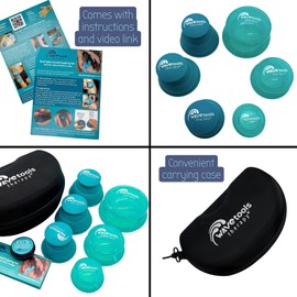 Dual Style Silicone Massage Cupping Therapy Set with All Natural Balm, Mixed 4 or 6 Packs with case (6 Pack, Clear Teal Glide Cups)