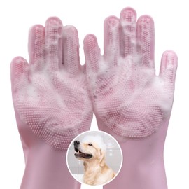 Maiiu Pet Grooming Gloves—Heat Resistant Dog Washing Gloves with High-Density Teeth, Dog Bath Scrubber with Enhanced Five Finger Design, Silicone Gloves for Dogs and Cats Bathing, Massage (Pink)