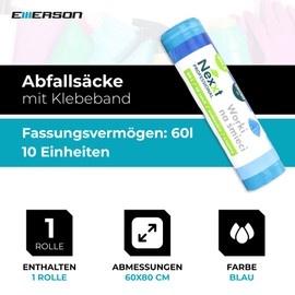 Emerson 10 Tear-Resistant Bin Bags, Extra Strong Waste Bags, Pack of 1, Blue Rolls, 60 L with Drawstring, Capacity 60 x 72 cm, Sturdy Bin Liners Made of Environmentally Friendly Recycled Film