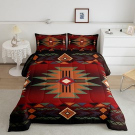 Western Comforter Set Twin Size,Red Black Cowboy Cowgirl Bedding Set for Boys Girls,Kids Adult Aztec Native Tribal Quilt Set Retro Geometric Arrow Striped Bohemian Duvet Insert,1 Pillowcase