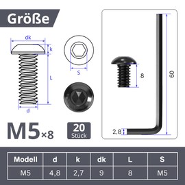 ORTAVA Pack of 20 M5 x 8 round head screws, ISO 7380, flat head screws, hexagon socket carbon steel, full thread with Allen keys