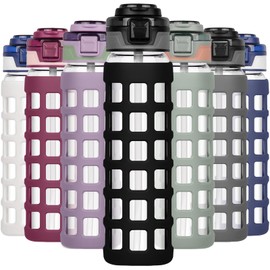 Ferexer 32oz/22oz Glass Water Bottle with Straw Handle Flip lids, leakproof, BPA free, Borosilicate Glass Bottles, with Protective Non-Slip Silicone Sleeve Sports Glass Drinking Bottles Black