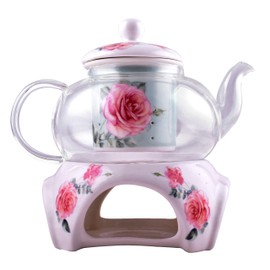 Rose Floral Design Glass Teapot With Infuser and Tea Warmer