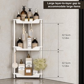Orimade Rustproof 3 Tier Floor Standing Corner Shower Caddy Organizer, Plastic Metal Splicing Floor Corner Shelf Rack Stands for Bathroom, White