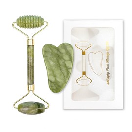 VWVVWV Jade Gua Sha Facial Tools Face Roller Set guasha Reduce Puffiness Wrinkles Improve Skin Tone Gua Sha Stone for Lifting Toning Skincare Beauty Tools for Men Women Self Care Gift Set (Green)