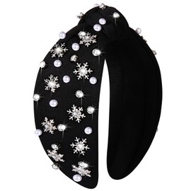 Christmas Headband for Women Rhinestone Snowflake Headband Embellished Crystal Pearl Knotted Headbands Wide Top Knot Xmas Holiday Headband Christmas Hair Accessories Outfits Gifts (Snowflake Black)