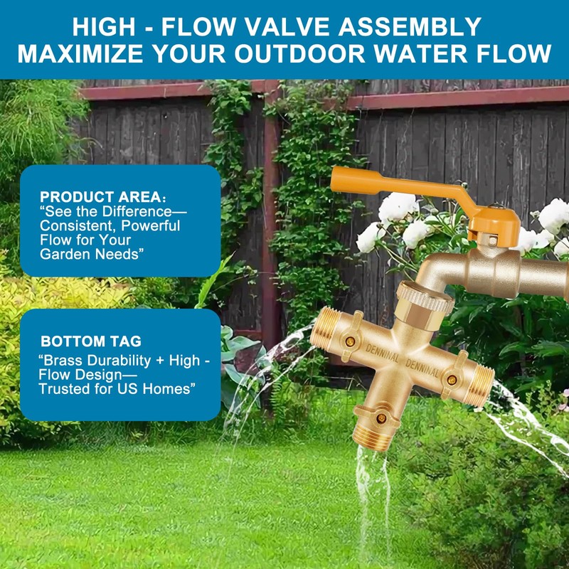 Denninal 3 Way Hose Splitter, Solid Brass High Flow 3