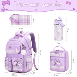 ACESAK Backpack for Girls with Insulated Water Bottle, Bow Tie Plaid Bookbag for Girls Kids, 14oz Kids Water Bottle Stainless Steel, Lunch Bag & Pencial Case, Back To School Gift (Purple)