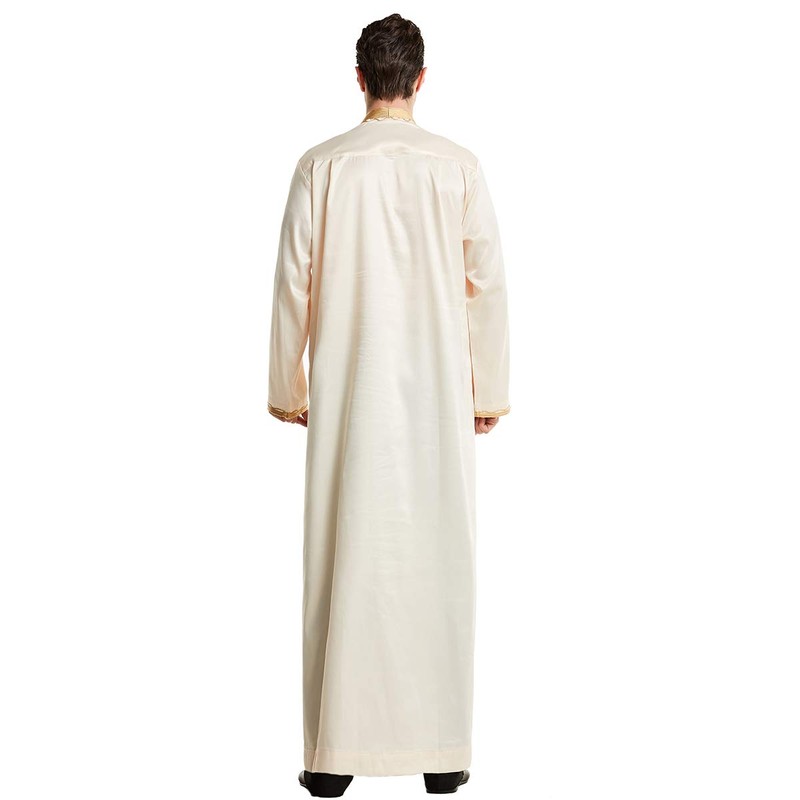 Men Arabic Long Sleeve Embroidery Thobe Stand Collar Kaftan Robe