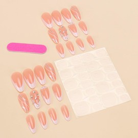 White French Tip Press on Nails Medium Almond Fake Nails Nude Pink Acrylic Nails Glitter Stripes with Rhinestones Designs Glue on Nails Natural Stick on False Nails for Women 24Pcs