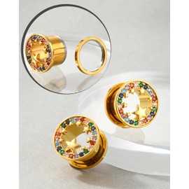 Jewseen Surgical Steel Ear Gauges Plugs Rainbow Cubic Zircon Ear Tunnels Star Gauges for Ears Gold Ear Plugs for Women 2g-5/8’’