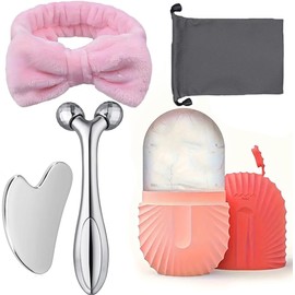 Juego de 5 herramientas de masaje facial, placa raspadora de acero inoxidable y rodillo 3D, bandeja de hielo de silicona: herramienta reutilizable de compresas frías faciales, no requiere ele (Orange)
