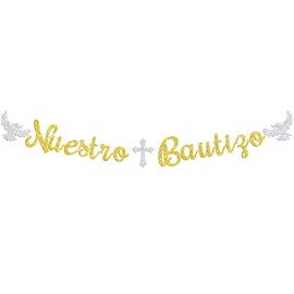 Nuestro Bautizo Banner, Spanish First Holy Communion, Religious 1st Birthday, Christening Baptism Baby Shower Party Decorations Supplies, Gold Glitter