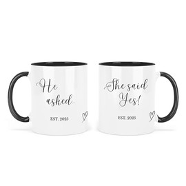 UNIQUEPGIFTS Engagement Gift for Couples Mugs, He Asked She Said Yes, Established 2025, Friends Engaged Keepsake, Congratulations Present, White with Black Handle, Set of 2