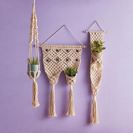 47th & Main Boho Macrame Plant Hanger | Wall Décor 2-Pocket Hanging Flower Pot Holder, 31" L x 17" W, Natural