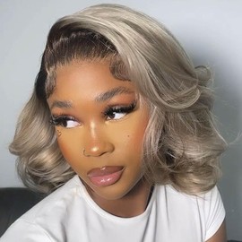 Ombre Ash Gray Blonde Wavy Lace Front Bob Wig Human Hair 200% Density Thicker Ombre Brown Roots with Ash Grey Short Bob Wig Body Wave Pre Plucked 13x4 Ashy Balayage Colored Bob Wig for Women 12 Inch